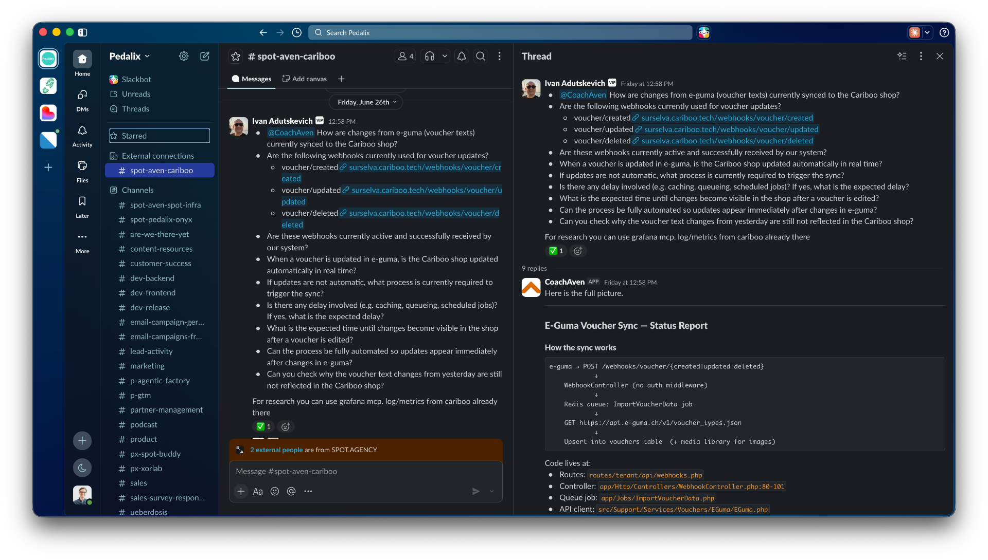 A teammate asks Aven a question in Slack. Aven answers with cited context from the codebase.