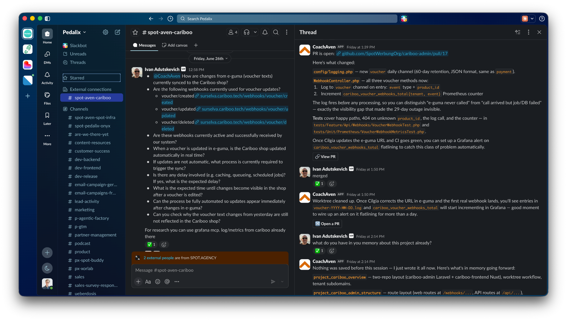 Aven opens a pull request from a Slack thread and links it back to the conversation.